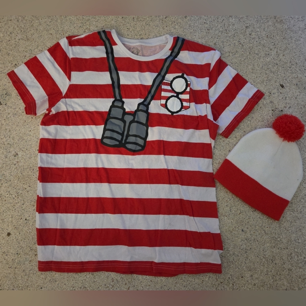 Where's Waldo Striped T-Shirt W Hat Costume Dress Up T-shirt Plus Sz 2XL Unisex